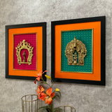 Framed Brass Prabhavali (Set of 2) - Lord Krishna And Deep Lakshmi - Ethnic Wall Decor - Crafts N Chisel - Indian Home Decor USA