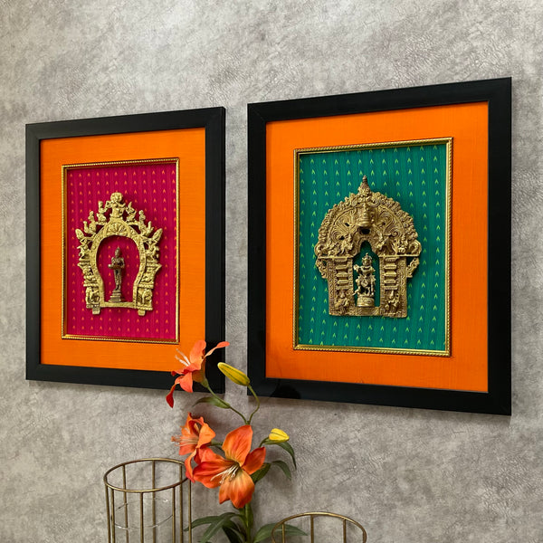 Framed Brass Prabhavali (Set of 2) - Lord Krishna And Deep Lakshmi - Ethnic Wall Decor - Crafts N Chisel - Indian Home Decor USA