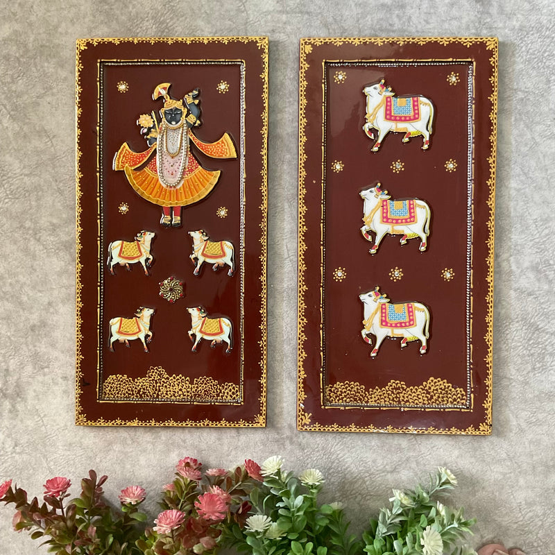 Shrinathji Cow Pichwai Wall Hanging (Set of 3) - Crafts N Chisel - Indian Home Decor USA
