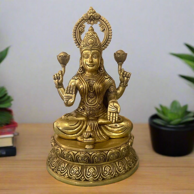 14 Inch Goddess Lakshmi Brass Idol - Goddess of Fortune, Wealth, Prosperity - Pooja Statue - Crafts N Chisel - Indian Home Decor USA