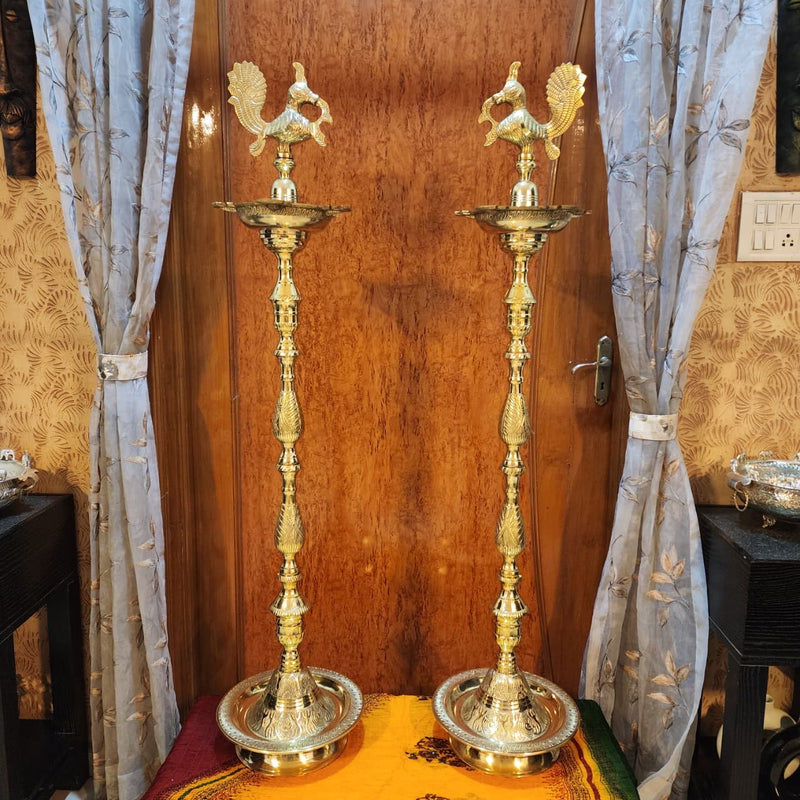52 Inches Annapakshi Nilavilakku (Set of 2) - Kuthu Vilakku Brass lamp - Decorative Decor - Crafts N Chisel - Indian Home Decor USA