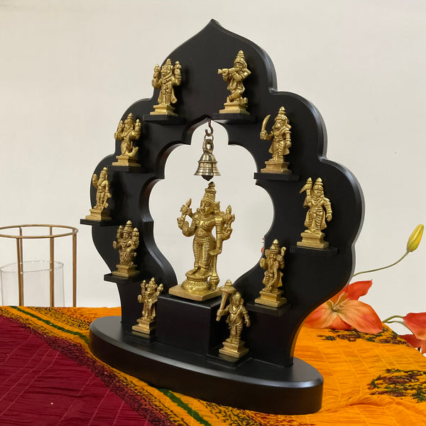 Lord Vishnu Dashavatar Brass Idol With Wooden Frame - Traditional Wall Hanging - Crafts N Chisel - Indian Home Decor USA