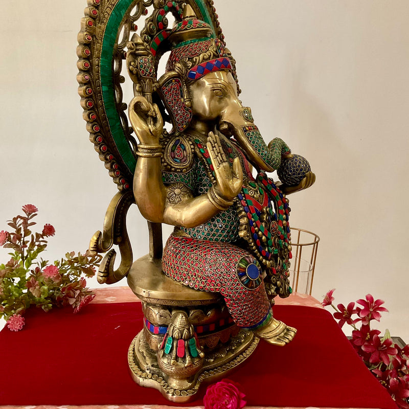 27 Inch Lord Ganesh Idol With Prabhavali - Brass Stonework Statue - Crafts N Chisel - Indian Home Decor USA