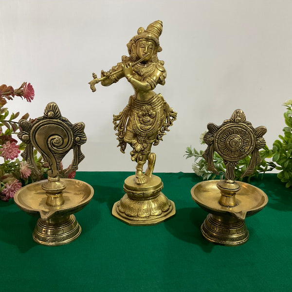 10 Lord Krishna Brass Idol And Shanku Chakra Diya - Decorative Figurine - Crafts N Chisel - Indian Home Decor USA