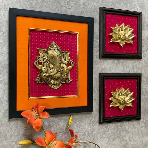 Framed Brass Ganesha Lotus Wall Hanging (Set of 3) - Crafts N Chisel - Indian Home Decor USA
