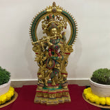 32 Inch Lord Krishna Idol Brass Stonework - Krishna Statue Decorative Figurine - Crafts N Chisel - Indian Home Decor USA