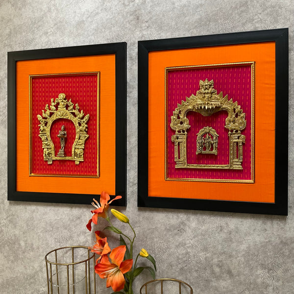 Framed Brass Prabhavali (Set of 2) - Ram Darbar And Deep Lakshmi - Ethnic Wall Decor - Crafts N Chisel - Indian Home Decor USA