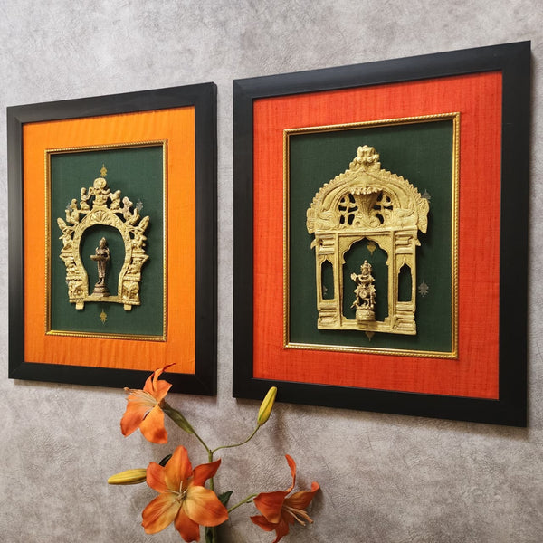 Framed Brass Prabhavali (Set of 2) - Lord Krishna And Deep Lakshmi - Ethnic Wall Decor - Crafts N Chisel - Indian Home Decor USA