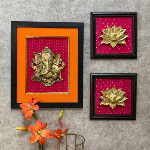 Framed Brass Ganesha Lotus Wall Hanging (Set of 3) - Crafts N Chisel - Indian Home Decor USA