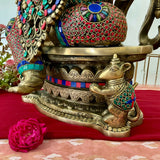 27 Inch Lord Ganesh Idol With Prabhavali - Brass Stonework Statue - Crafts N Chisel - Indian Home Decor USA