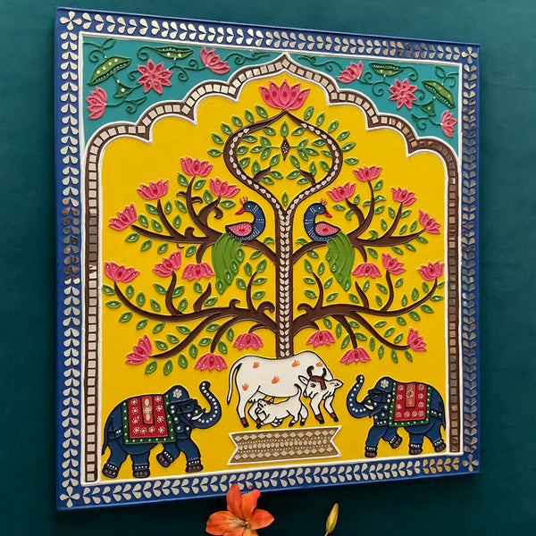 Cow Calf Elephant Tree of Life Lippan Wall Hanging - Clay Mirror Wall Decor - Crafts N Chisel - Indian Home Decor USA