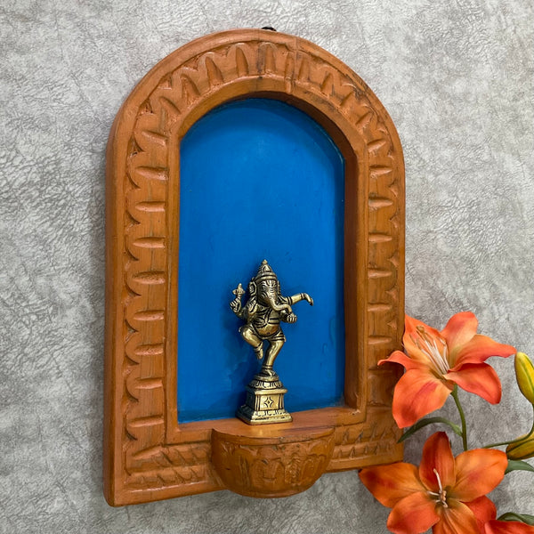 Ganesha Idol With Distressed Wooded Orange Half Round Frame Wall Hanging - Decorative Wall decor - Crafts N Chisel - Indian Home Decor USA