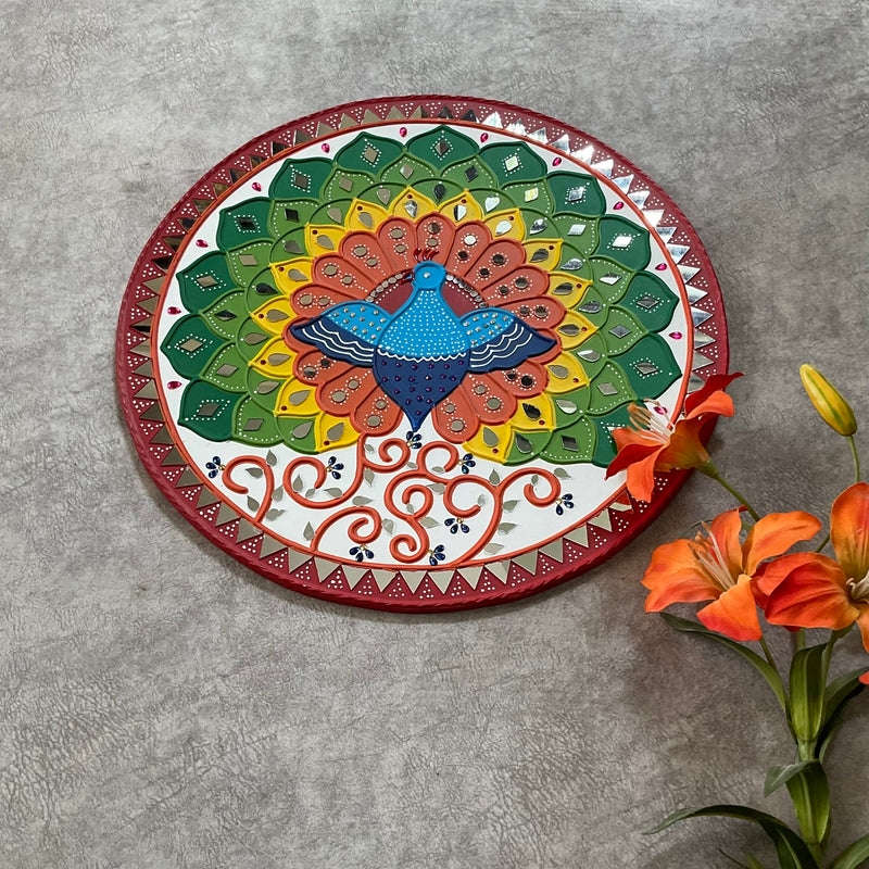 18 Inches Peacock Lippan Art Wall Hanging - Clay Mirror Wall Decor - Crafts N Chisel - Indian Home Decor USA