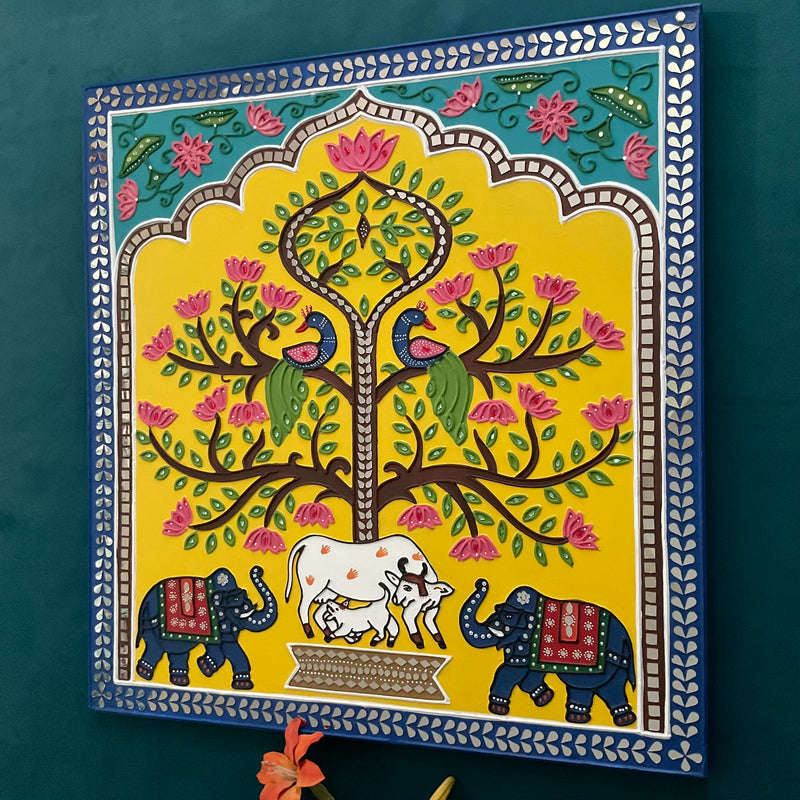 Cow Calf Elephant Tree of Life Lippan Wall Hanging - Clay Mirror Wall Decor - Crafts N Chisel - Indian Home Decor USA