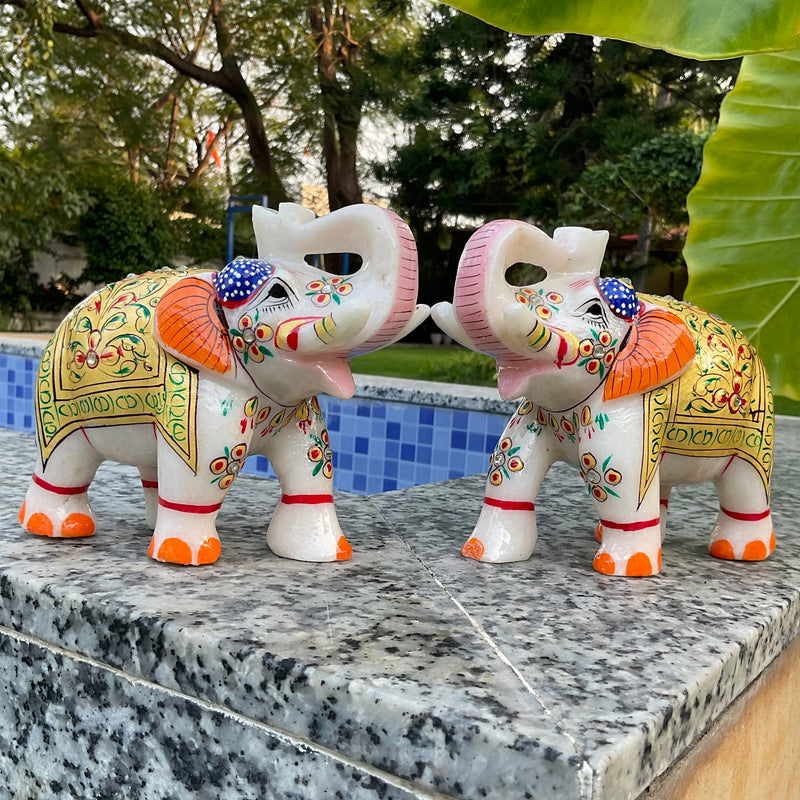 Handcrafted 5 Inches Marble Elephant (Set of 2) - Meenakari Stone Art - Table Animal Decor - Crafts N Chisel - Indian Home Decor USA