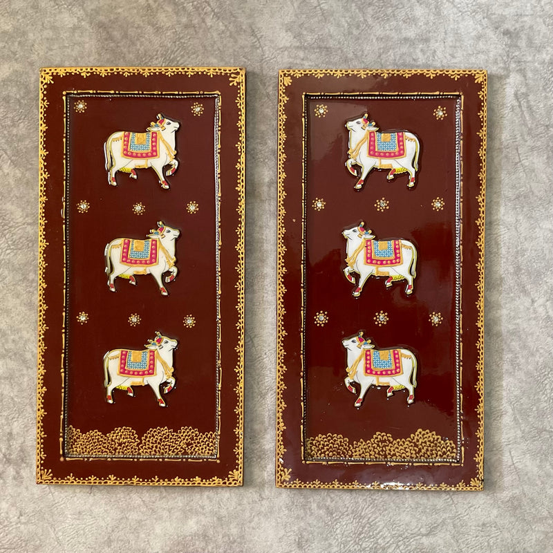 Shrinathji Cow Pichwai Wall Hanging (Set of 3) - Crafts N Chisel - Indian Home Decor USA