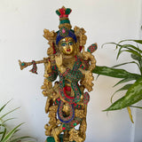 20 Inches Lord Krishna Statue, Brass Stonework Idol for Pooja, Home Entrance - Crafts N Chisel - Indian Home Decor USA