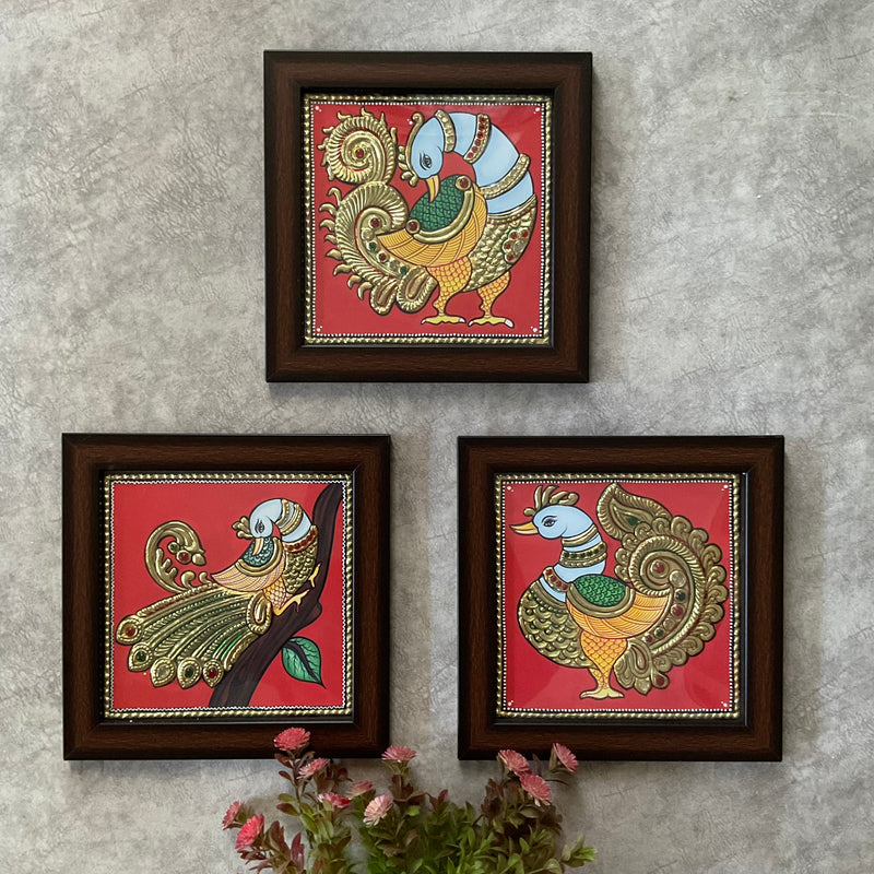 Bird Tanjore Painting (Set of 3) Traditional Wall Artf - Crafts N Chisel - Indian Home Decor USA