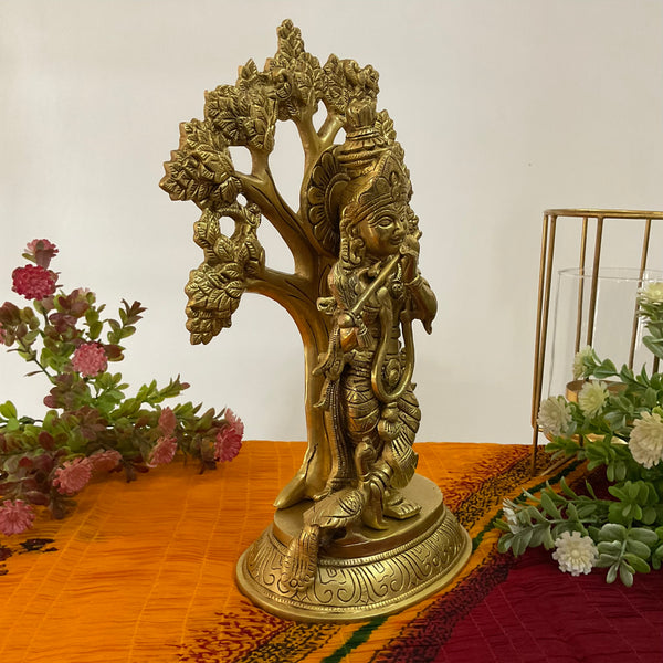 13 Inch Lord Krishna With Tree Brass idol - Krishna Statue for Indian Decor - Crafts N Chisel - Indian Home Decor USA