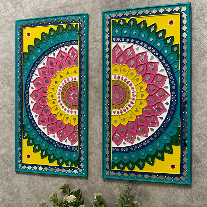 Elephant Flower Rangoli Lippan Wall Hanging - Clay Mirror Wall Decor (Set of 3) - Crafts N Chisel - Indian Home Decor USA