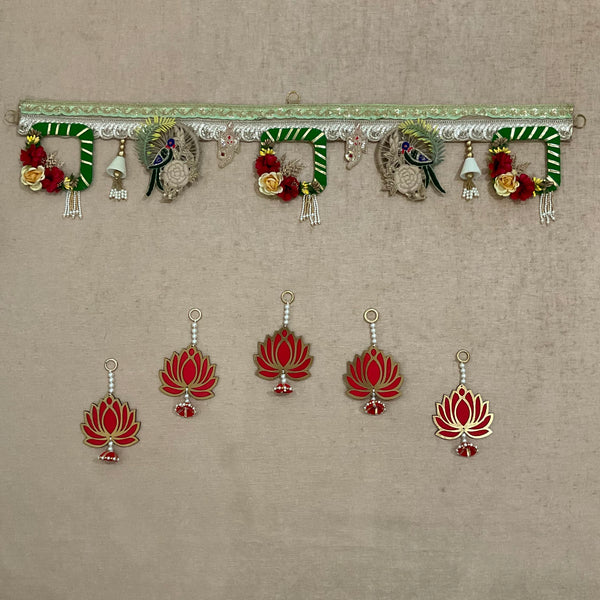 Peacock Bandhanwar With Lotus Hanging (Set of 6) Festive Decoration Wall Hanging - Crafts N Chisel - Indian Home Decor USA