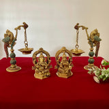 4.4 Inch Lakshmi Ganesh Brass Idol With 8 Inch Peacock Diya Pooja Decor - Diwali Gift Set - Crafts N Chisel - Indian Home Decor USA