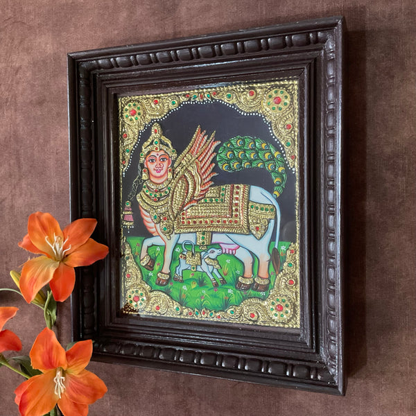 Kamdhenu Cow and Calf Tanjore Painting - Traditional Wall Art - Crafts N Chisel - Indian Home Decor USA