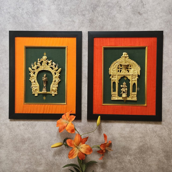Framed Brass Prabhavali (Set of 2) - Lord Krishna And Deep Lakshmi - Ethnic Wall Decor - Crafts N Chisel - Indian Home Decor USA