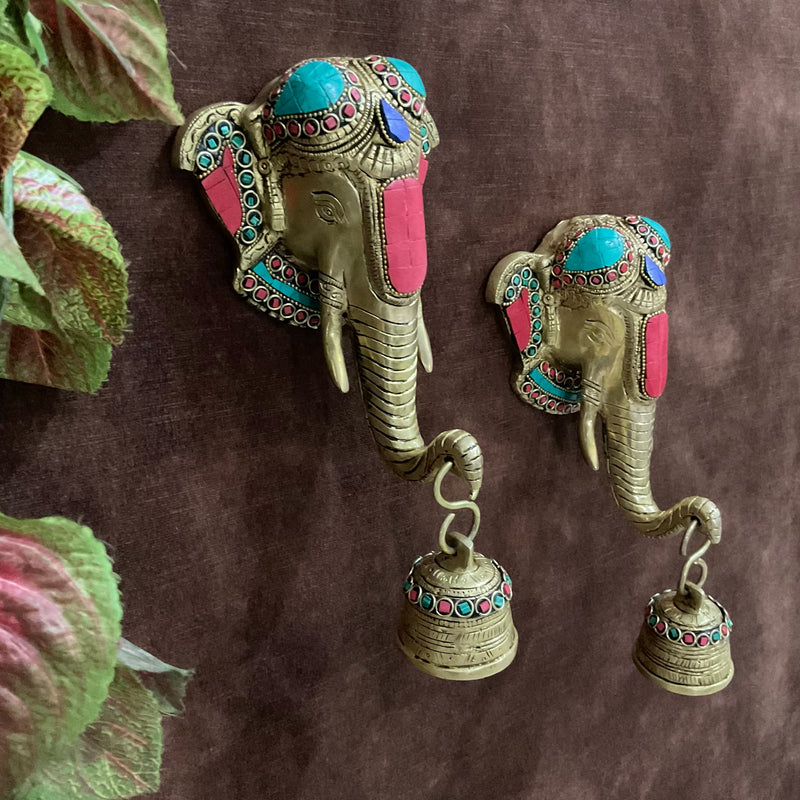 Elephant Bell (Set of 2) Stonework - Decorative Brass Wall Hanging - Crafts N Chisel - Indian Home Decor USA