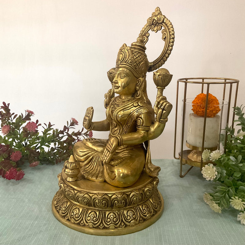 14 Inch Goddess Lakshmi Brass Idol - Goddess of Fortune, Wealth, Prosperity - Pooja Statue - Crafts N Chisel - Indian Home Decor USA