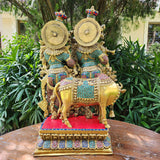 28 Inch Radha Krishna With Cow Brass Stonework Statue Idol - Crafts N Chisel - Indian Home Decor USA