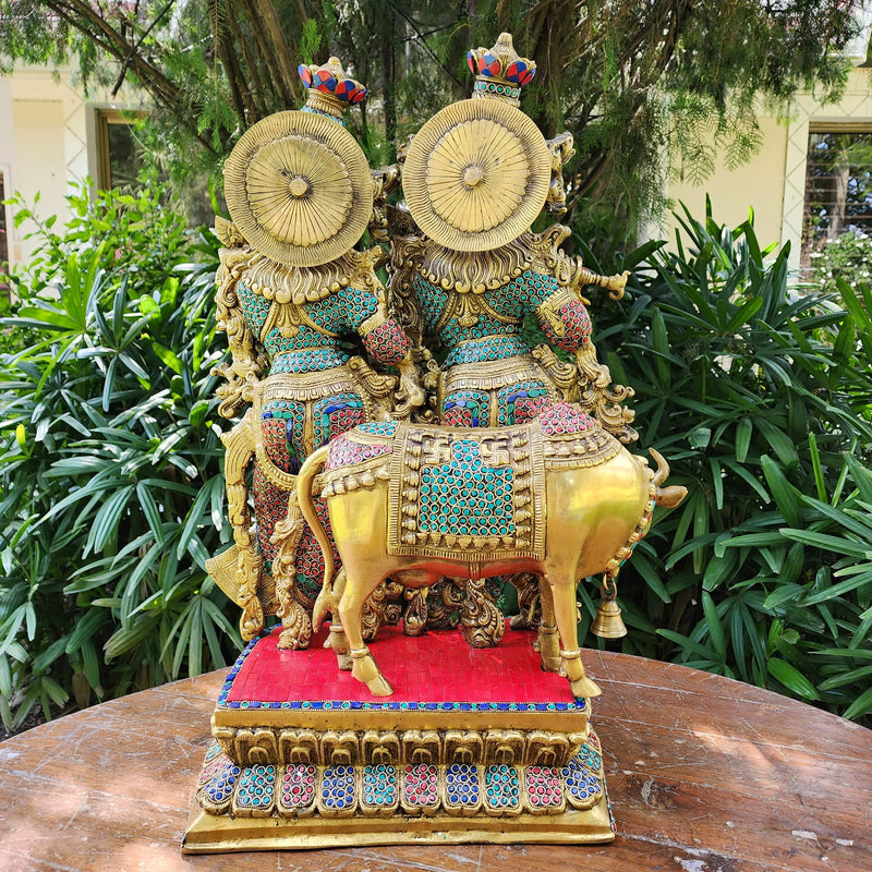 28 Inch Radha Krishna With Cow Brass Stonework Statue Idol - Crafts N Chisel - Indian Home Decor USA