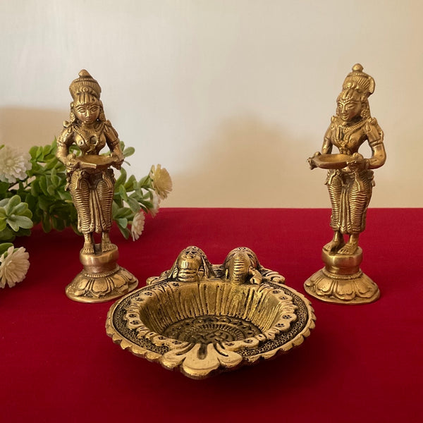 Deep Lakshmi And Lakshmi Ganesh Pooja Diya - Festive Gift - Crafts N Chisel - Indian Home Decor USA