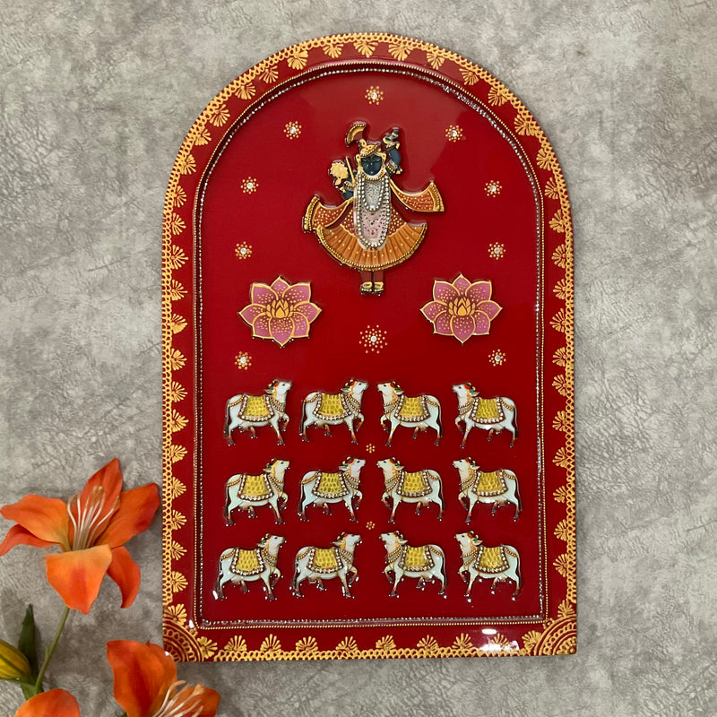 Shrinathji Jharoka Lotus Pichwai Wall Hanging (Set of 3) - Crafts N Chisel - Indian Home Decor USA