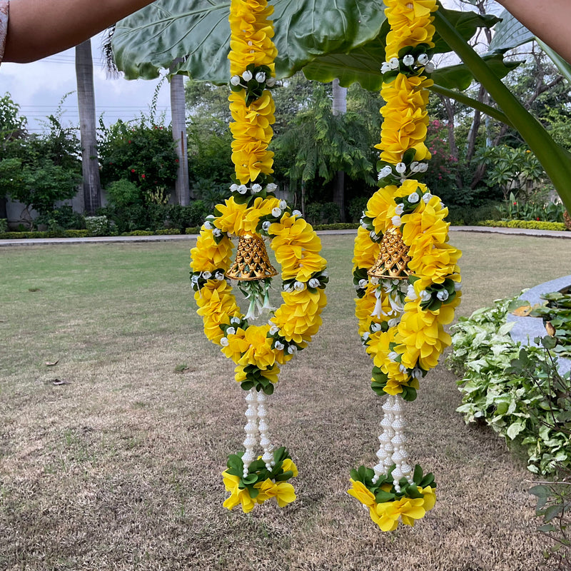 Artificial Yellow Flower Ring With Bell (Set of 6) - Festive Decoration Wall Hanging - Crafts N Chisel - Indian Home Decor USA