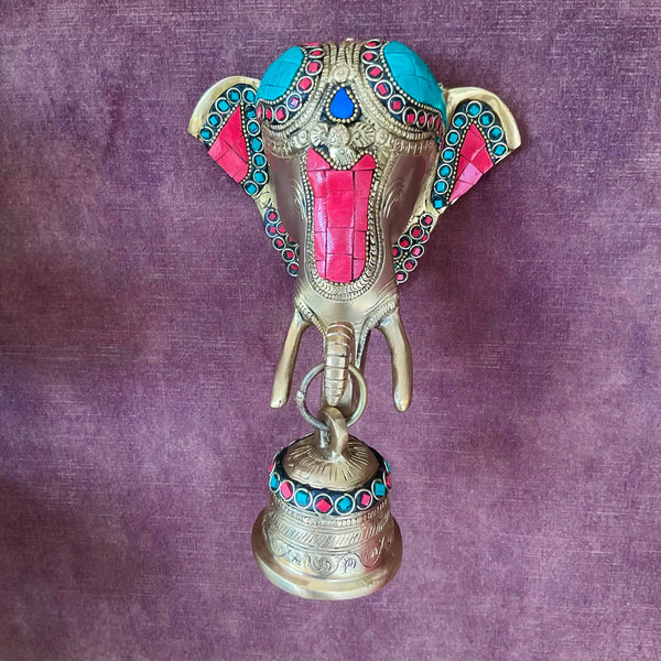 Elephant Bell Stonework - Decorative Brass Wall Hanging - Crafts N Chisel - Indian Home Decor USA