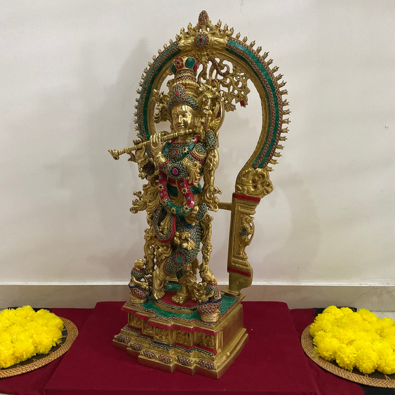 32 Inch Lord Krishna Idol Brass Stonework - Krishna Statue Decorative Figurine - Crafts N Chisel - Indian Home Decor USA