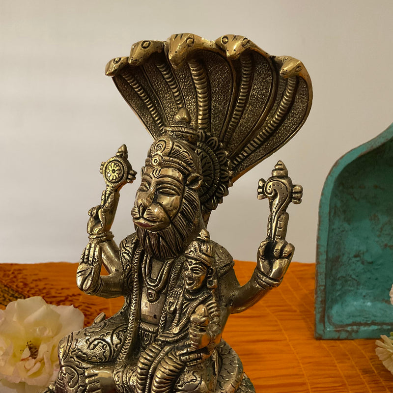 Narsimha Lakshmi Brass Idol - 8.5 Inch Statue Vishnu Avatar Home Pooja Decor - Crafts N Chisel - Indian Home Decor USA