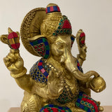 12.5 Inch Ganesha Idol Brass Stonework - Ganpati Pooja Statue, Housewarming Gift - Crafts N Chisel - Indian Home Decor USA