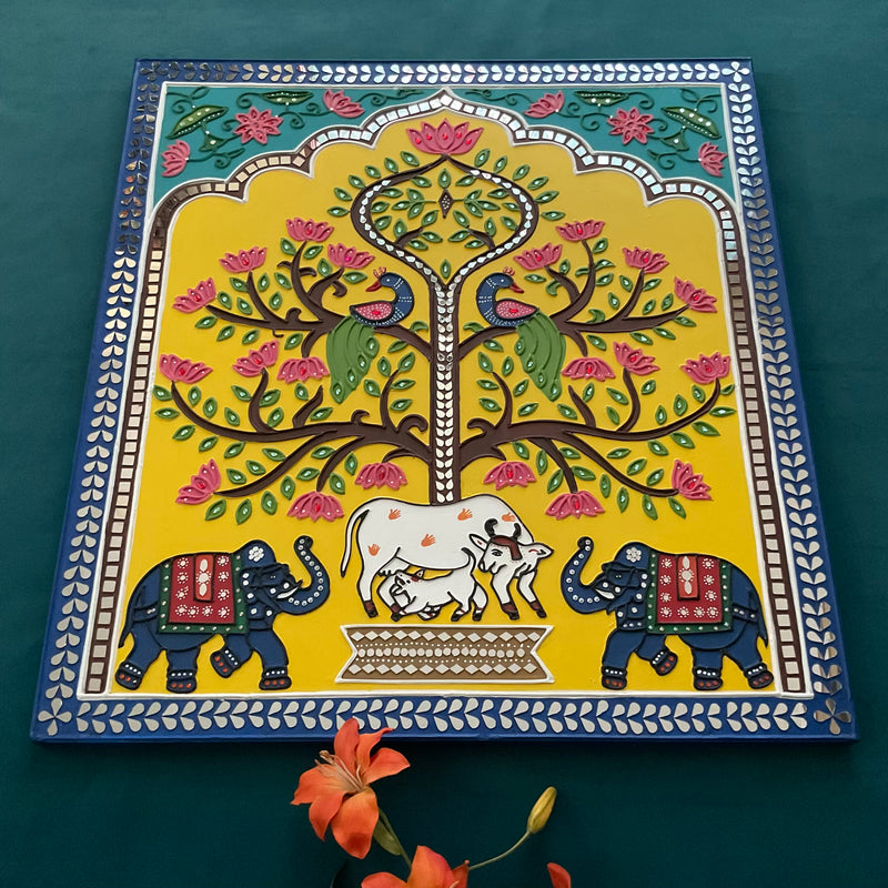 Cow Calf Elephant Tree of Life Lippan Wall Hanging - Clay Mirror Wall Decor - Crafts N Chisel - Indian Home Decor USA