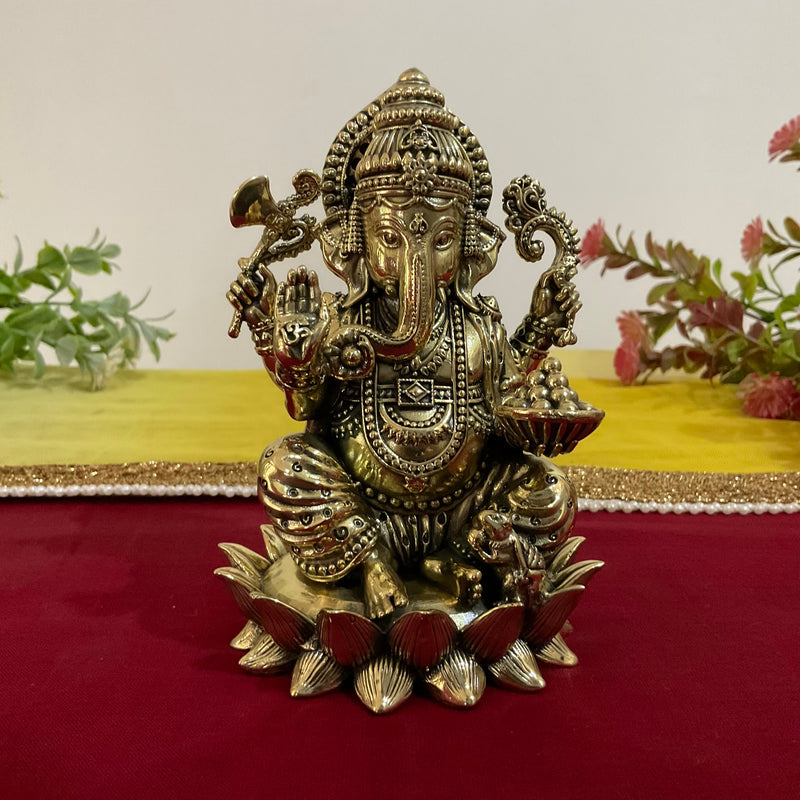 5 Inch Lord Ganesh Brass Idol On Lotus, Pooja Murti Light Weight - Crafts N Chisel - Indian Home Decor USA