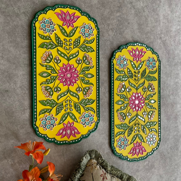 Flower Lippan Wall Hanging (Set of 2) - Clay Mirror Wall Decor - Crafts N Chisel - Indian Home Decor USA
