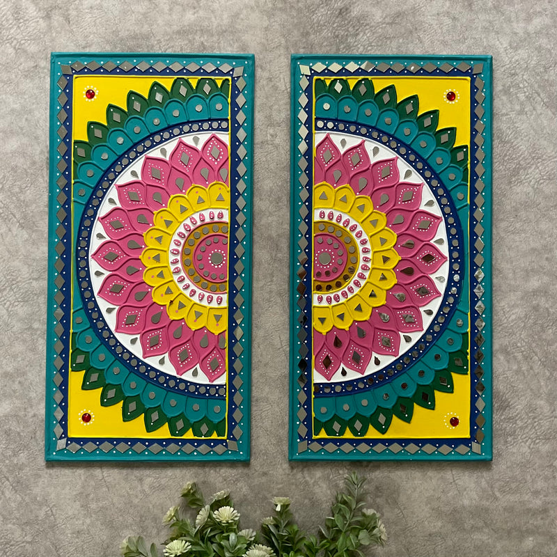 Elephant Flower Rangoli Lippan Wall Hanging - Clay Mirror Wall Decor (Set of 3) - Crafts N Chisel - Indian Home Decor USA