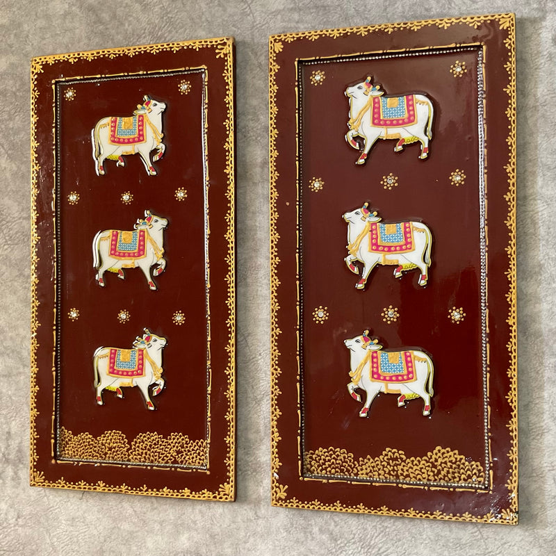 Shrinathji Cow Pichwai Wall Hanging (Set of 3) - Crafts N Chisel - Indian Home Decor USA