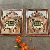 Cow Lippan Wall Hanging Set of 2 - Clay Mirror Wall Decor - Crafts N Chisel - Indian Home Decor USA