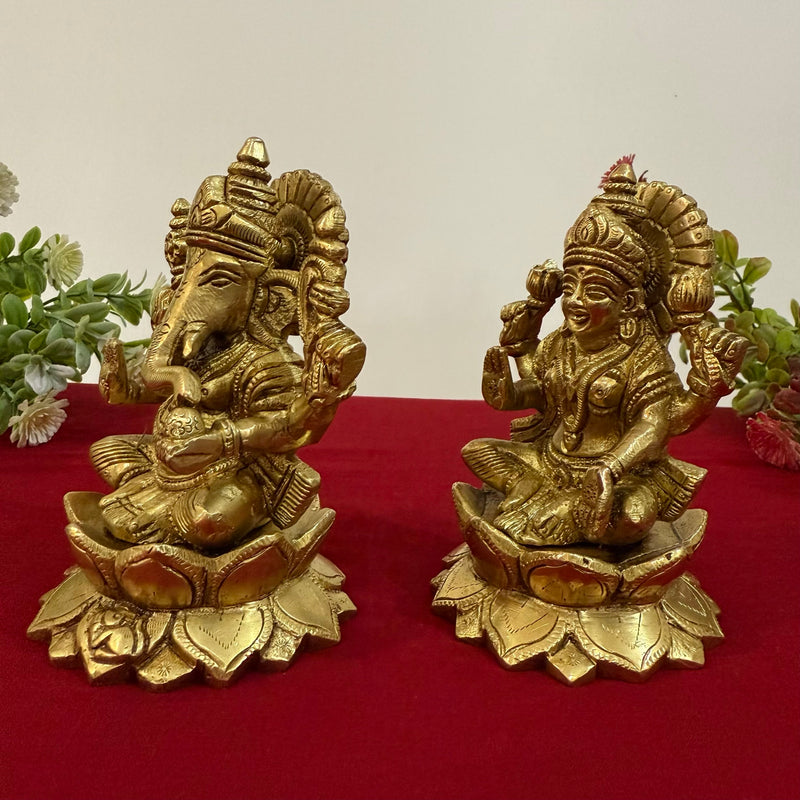 5 Inches Brass Lakshmi Ganesh Statue - Pooja Idol for Home - Festive Decor - Crafts N Chisel - Indian Home Decor USA
