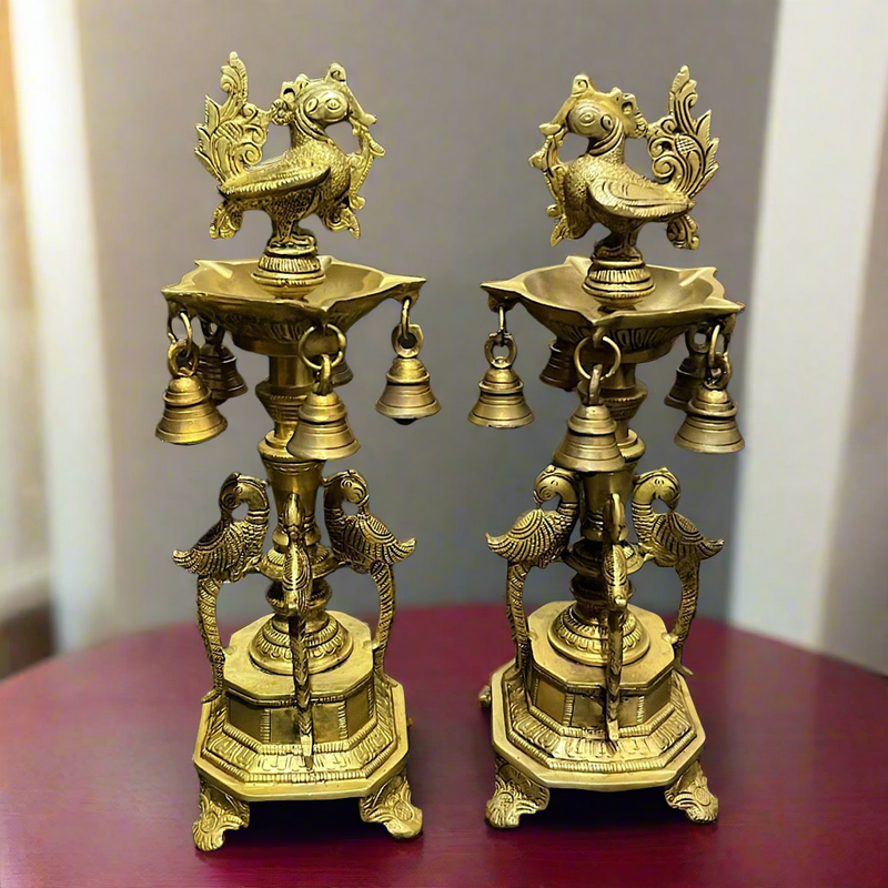 13 Inch Annapakshi Brass Diya Lamp (Set of 2) - Temple Decor - Brass Diya For Pooja - Crafts N Chisel - Indian Home Decor USA