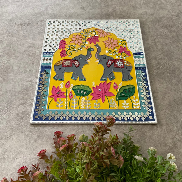 18 Inch Lotis Elephant Lippan Wall Hanging - Clay Mirror Wall Decor - Crafts N Chisel - Indian Home Decor USA