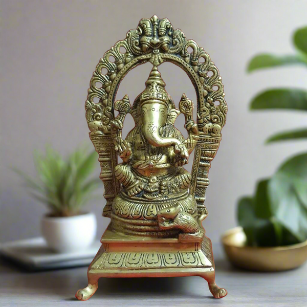 Lord Ganesh Brass Idol With Yali Prabhavali - Decorative Statue - Crafts N Chisel - Indian Home Decor USA