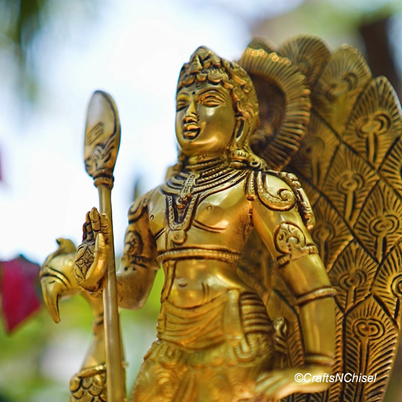 12 Inches Lord Murugan Swamy Kartikeya Brass Idol - Decorative Figurine - Crafts N Chisel - Indian Home Decor USA